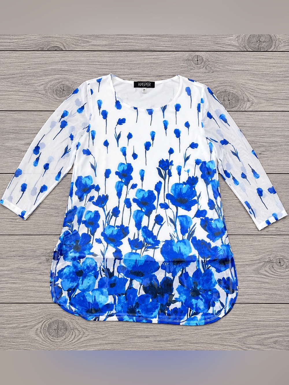 Kasper Floral Poppy Print Tunic Top Women’s Size M White 3/4 Mesh Sleeves